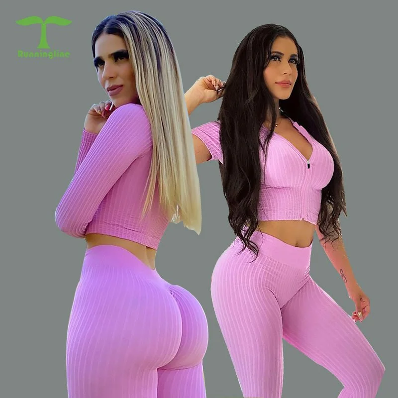 Style Design Seamless Ribbed Zipper Short Sleeve Top & Peach Bum Legging Yoga Set