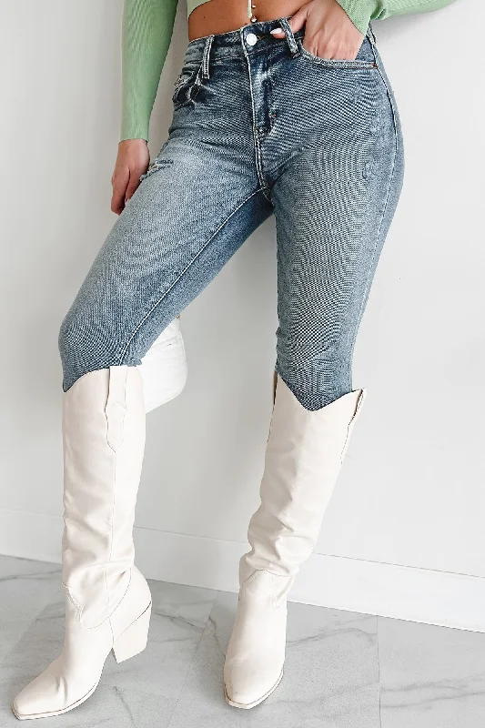 New Products Outdoor Trend Skip The Niceties Mid-Rise Cello Skinny Jeans (Medium-Dark)
