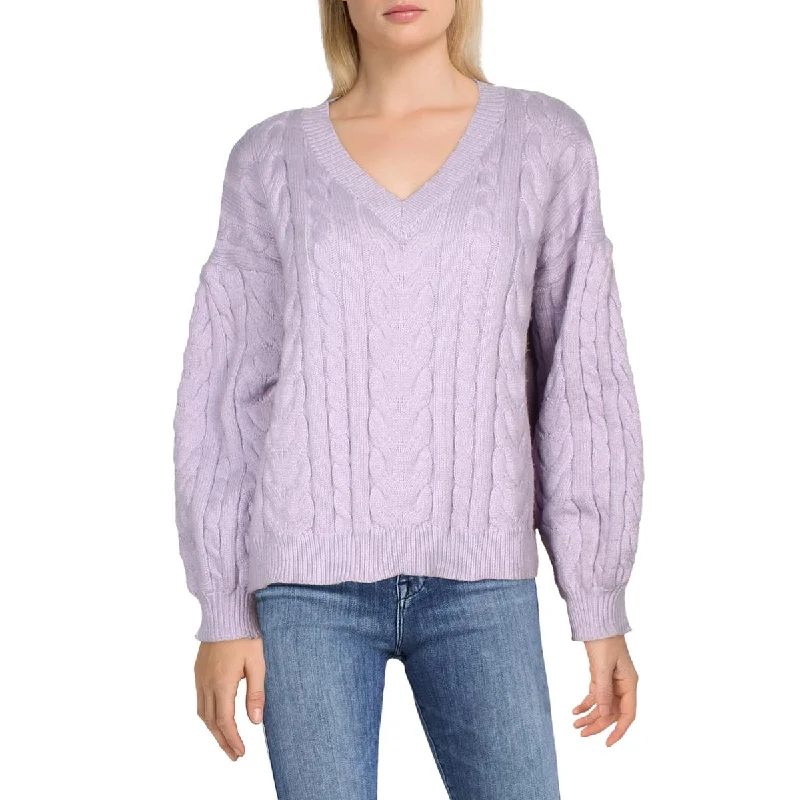 Sports Fitness Wear Womens Cable Knit Long Sleeve V-Neck Sweater