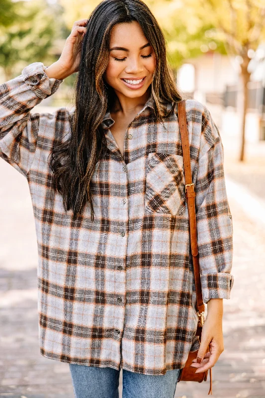 Alice style Never Leave Mocha Brown Plaid Button Down Top