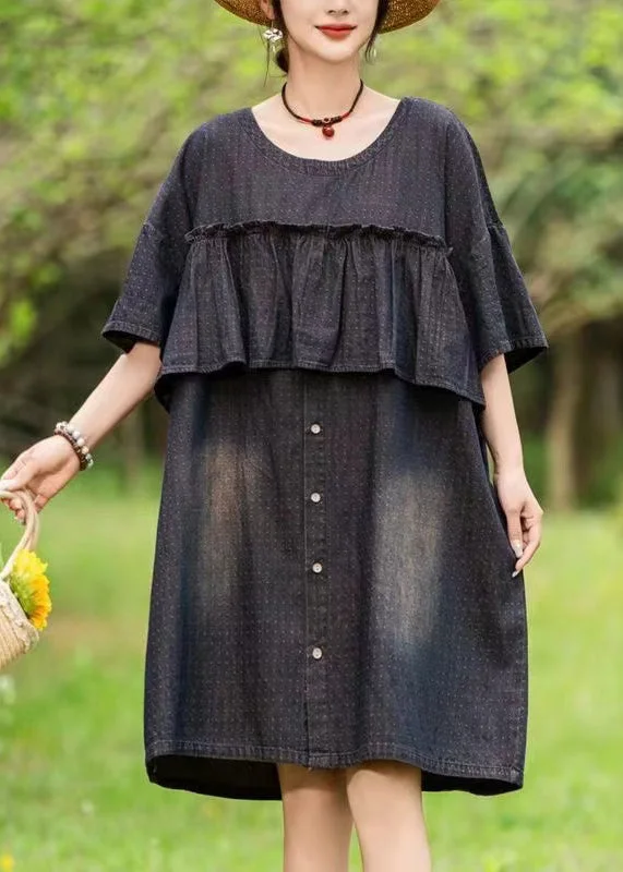 Single-shoulder Neck Design Loose Black O-Neck Ruffled Print Denim Dress Summer