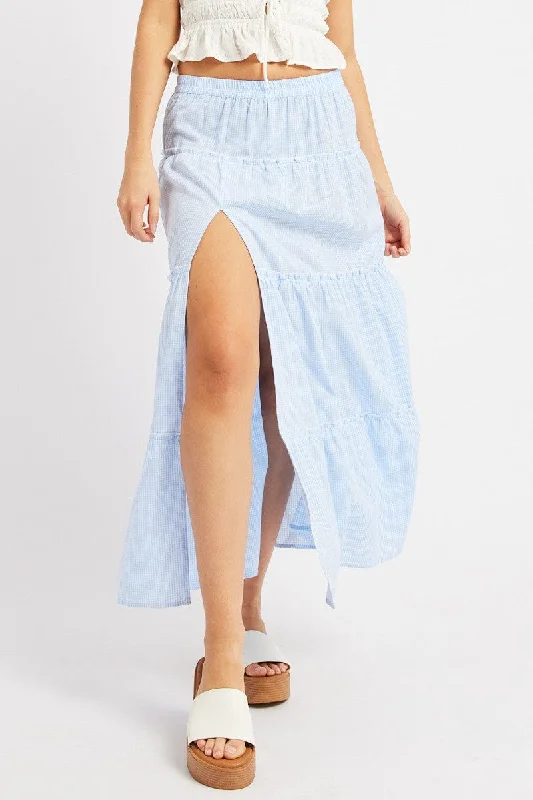 Personalized Series Street Charm Blue Check Tiered Maxi Slit Skirt