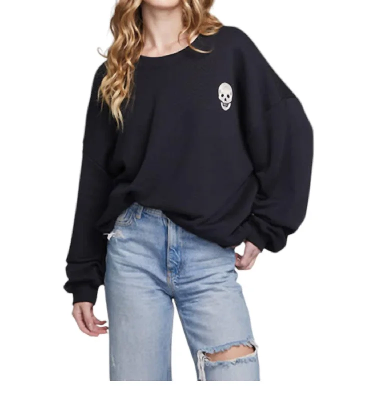 Cool Style Halloween Embroidered Skull Oversized Sweatshirt In Black