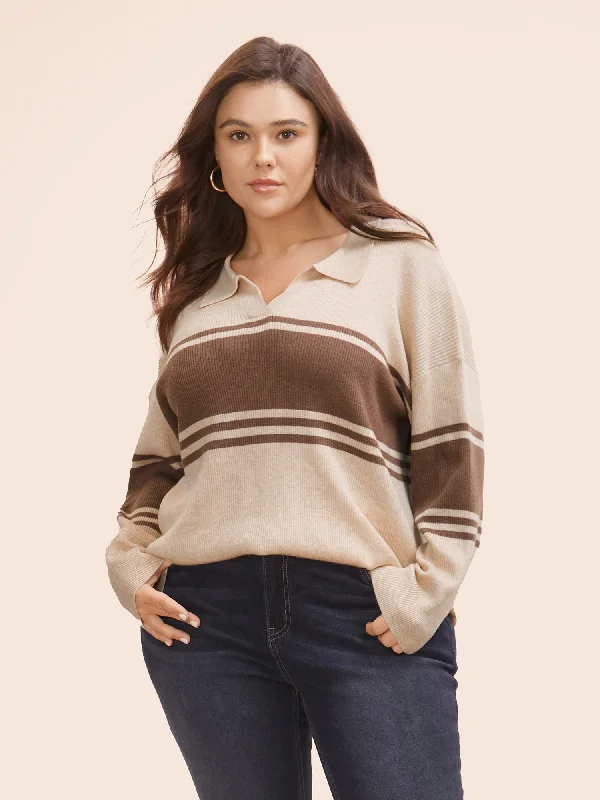 Short Design Sexy Fun Colorblock Contrast Striped Polo Neck Pullover