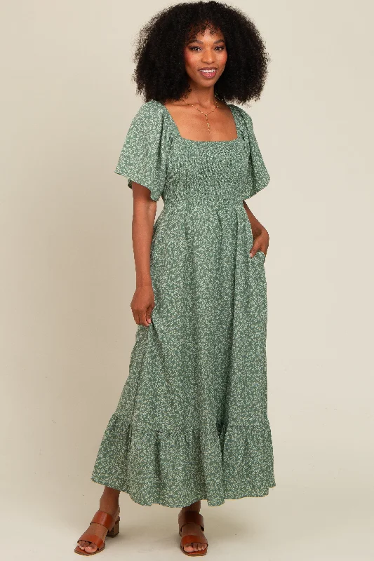 Simple research Sage Flowy Ditsy Floral Smocked Midi Dress