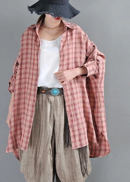 Warm Atmosphere Body Design Handmade Pink Plaid Peter Pan Collar Cotton Shirts Summer
