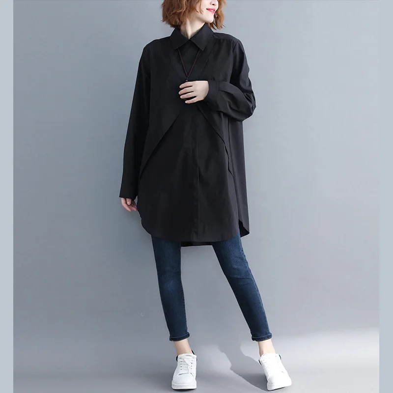 Elegant Design Avant-garde Design Italian lapel asymmetric cotton crane tops black Midi blouse Elegant Design Avant-garde Design Italian lapel asymmetric cotton crane tops black Midi blouse