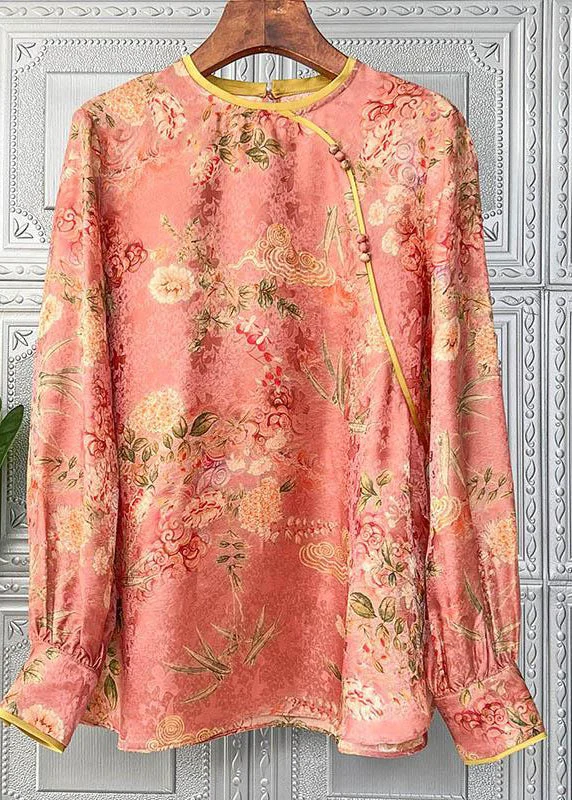 Modern Tailoring Celebrity Style Handmade Orange O-Neck Button Patchwork Chiffon Blouse Tops Long Sleeve