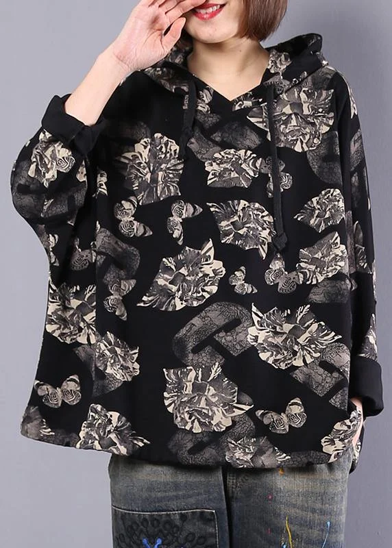 Exquisite workmanship Organic black prints cotton Blouse hooded Plus Size Clothing autumn tops