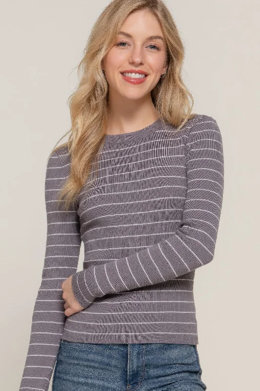 Fashionable Items Elegant Temperament Long slv crew neck stripe sweater