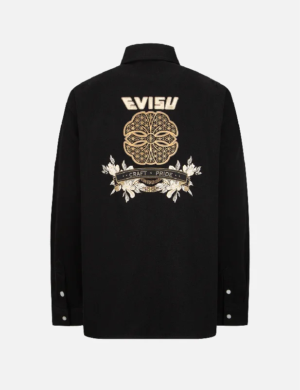 British Style Sports Design Brocade Kamon Foil-print Denim Shirt