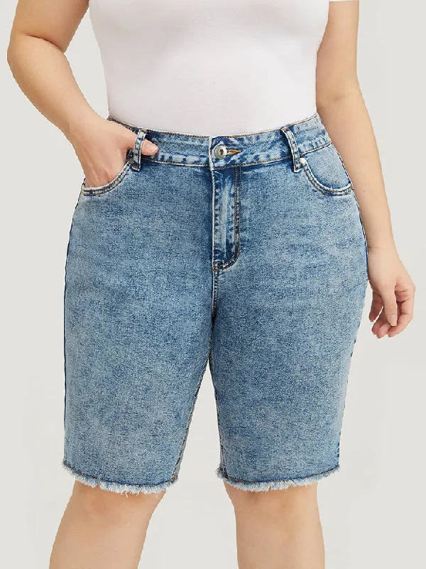 Fashion Design Elegant And Charming Skinny Moderately Stretchy Dark Wash Raw Hem Denim Shorts