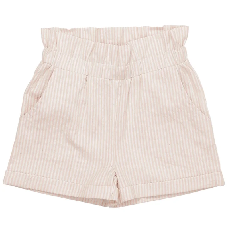 Fashionable In The Times Warm Atmosphere Copenhagen Colors Dusty Rose W Cream Stripe Seersucker Shorts w. Ruffles