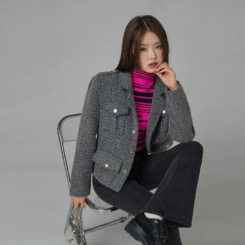 Comfortable Fashion Celebrity Style Pocket Tweed Crop Blazer Jacket