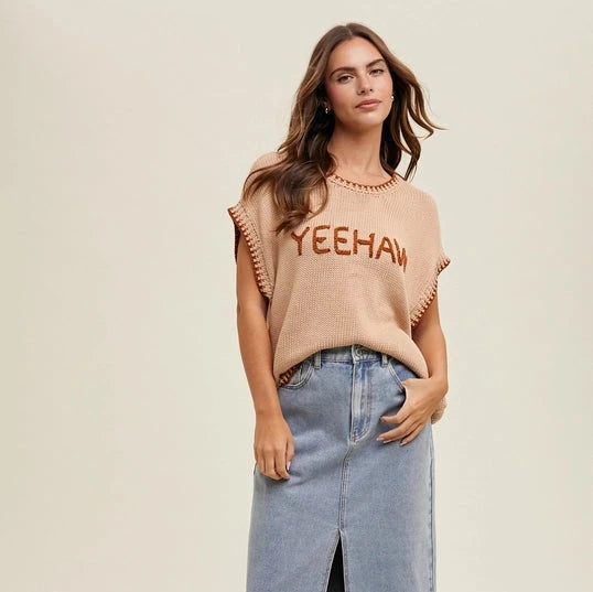 Classic Style French Style Women's "Yeehaw" Wordy Contrast Sweater in Tan