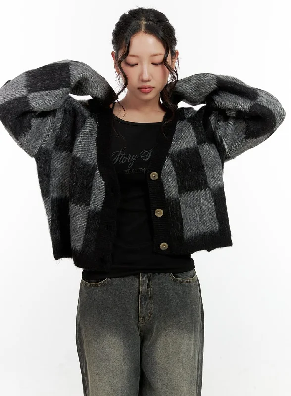 Youthful Vitality Modern Tailoring Checkered V-Neck Sweater Cardigan CN401