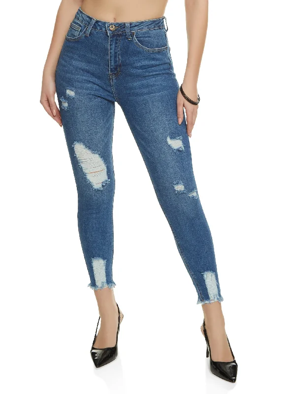 Personalized print WAX Distressed Frayed Hem Skinny Jeans