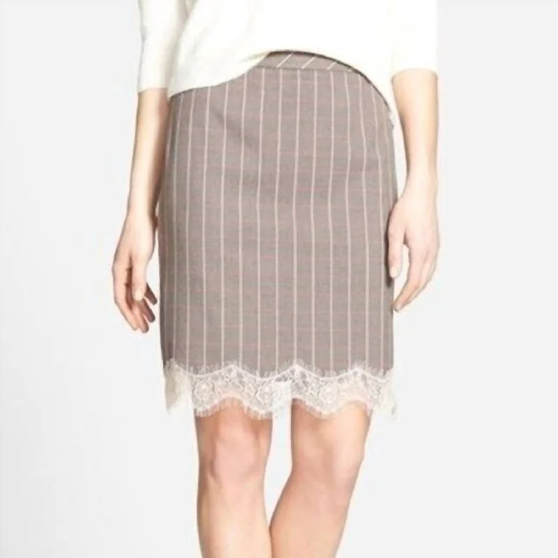 Street Sports Style Lace Trim Plaid Pencil Skirt In Cream