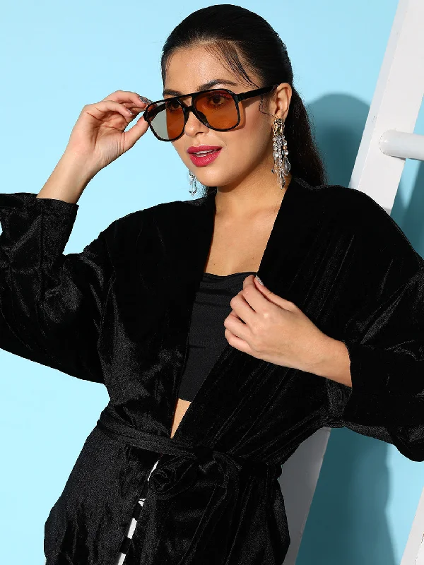 Youthful Vitality European And American Style Women Black Velvet Open Belted Kimono Jacket
