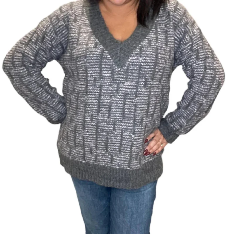 Literary Style Cozy Patterned V-Neck Sweater In Purple Charcoal