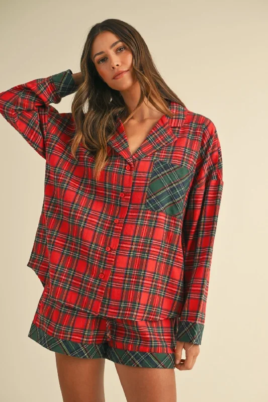 Fashionable And Versatile Personalized Design Contrast Plaid Long Sleeve Top and Shorts Set
