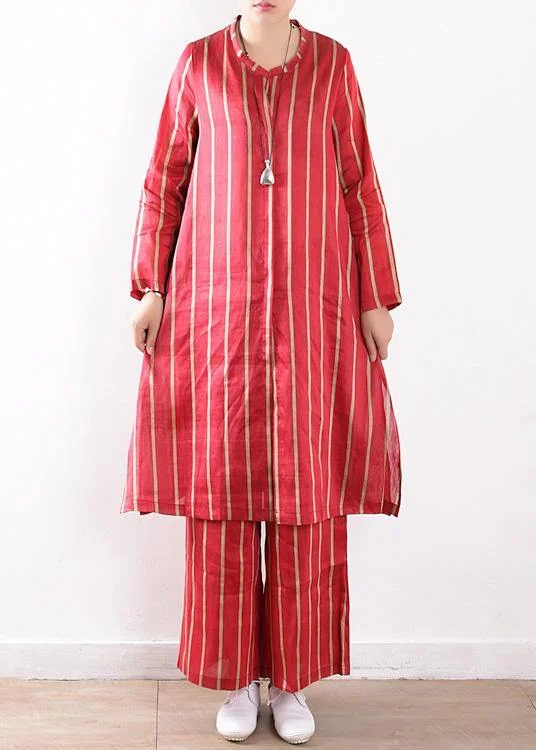 Classic style new striped red silk linen long shirt and elastic waist pants