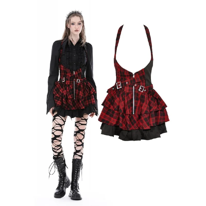 Classic Style French Retro Women's Grunge Layered Plaid Suspender Skirt