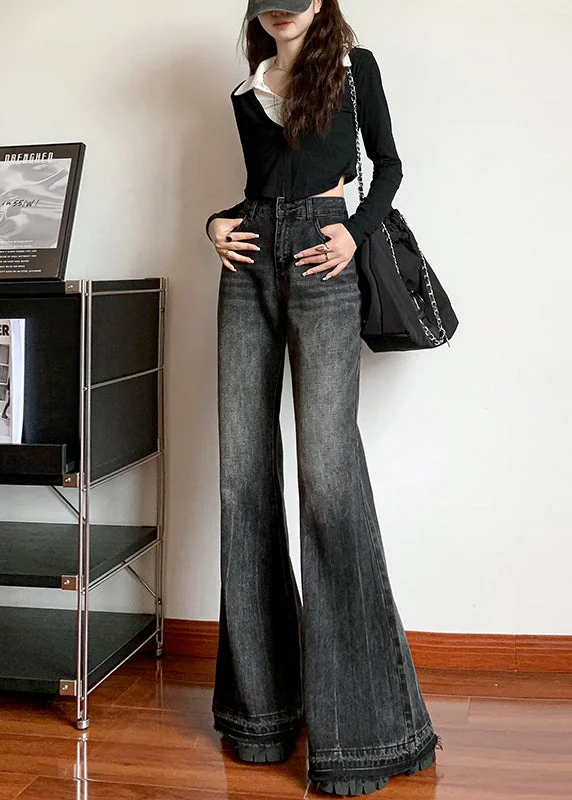 Fashionable In The Times Warm Atmosphere Italian Black High Waist Pockets Denim Flare Bottoms Spring Fashionable In The Times Warm Atmosphere Italian Black High Waist Pockets Denim Flare Bottoms Spring