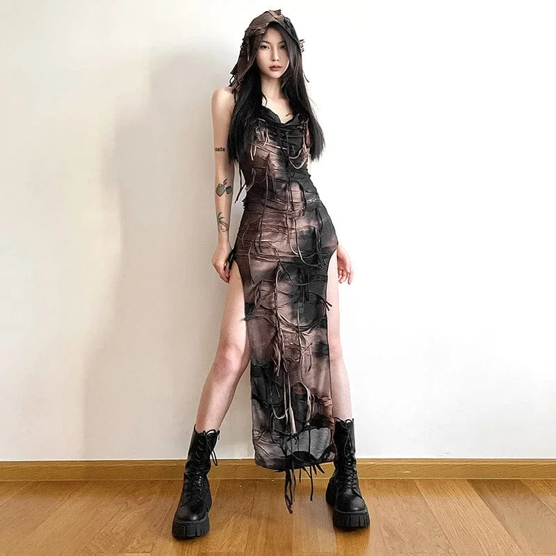 Warm and substantial Women's Grunge Ripped Side Slit Dress with Hood