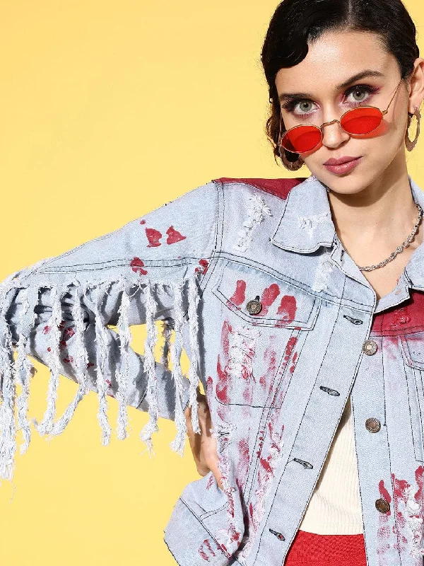Classic Style Lively And Youthful Women Ice Blue With Red Distressed Denim Jacket