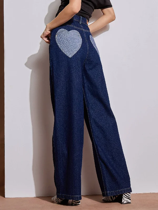 Comfortable Series Fashion Design Women Navy Blue Heart Pockets Straight Jeans