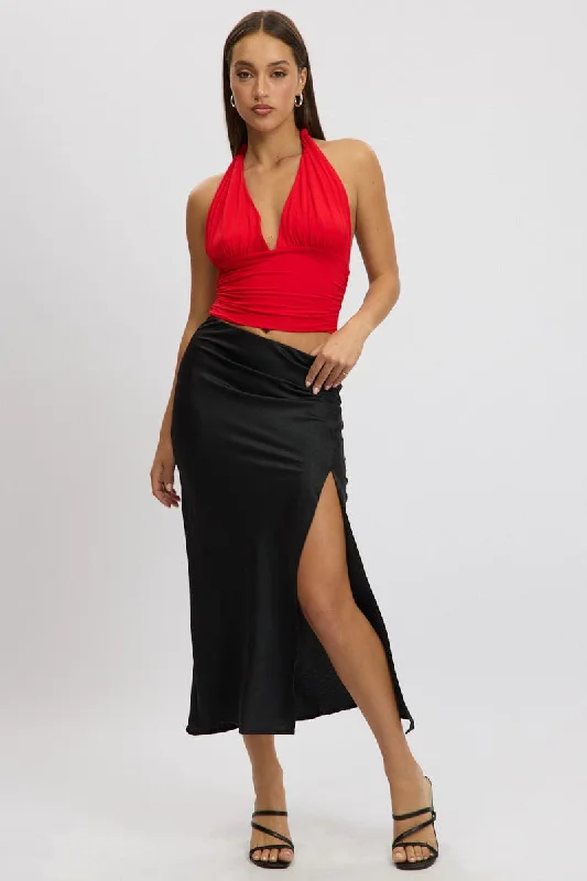 New Season Series Unique Design Black Slip Skirt High Waist Front Split Midaxi Satin New Season Series Unique Design Black Slip Skirt High Waist Front Split Midaxi Satin