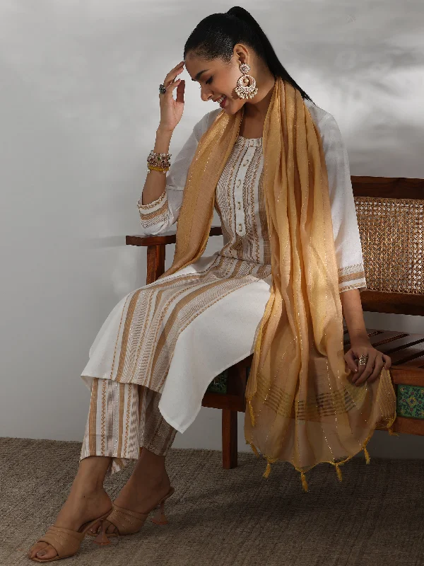 Avant-garde Design Exquisite Embroidery Off White Printed Cotton Blend Straight Suit With Dupatta