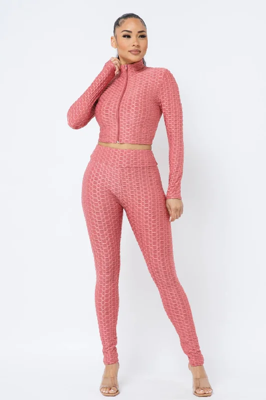 Personalized Series British Style Honeycomb Mock Neck Cropped Jacket and Leggings Set Personalized Series British Style Honeycomb Mock Neck Cropped Jacket and Leggings Set