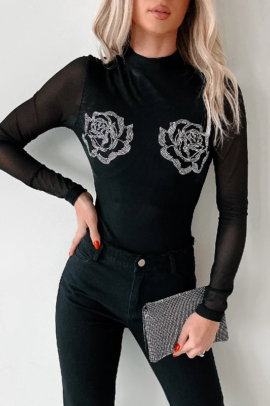 Personalized Outfit Fashion Design Playing Hard To Forget Rhinestone Rosette Mesh Bodysuit (Black) Personalized Outfit Fashion Design Playing Hard To Forget Rhinestone Rosette Mesh Bodysuit (Black)