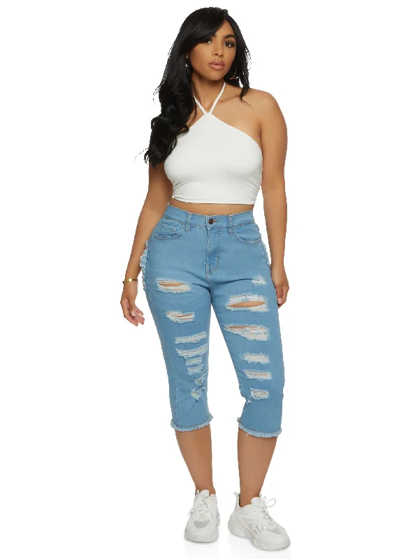 Moisture wicking Highway Distressed Denim Skinny Capri Pants