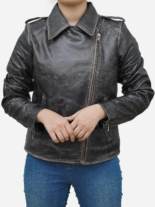Personalized Series New Autumn And Winter Styles Women's Distressed Black Asymmetric Leather Biker Jacket