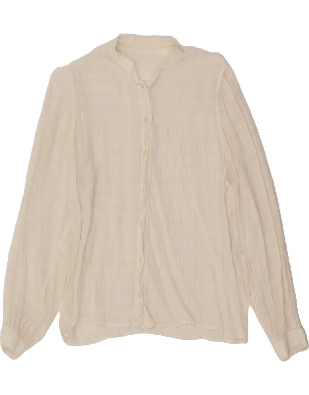 Minimal Style Embroidered Letters VINTAGE Womens Shirt Blouse UK 12 Medium Off White Striped Viscose