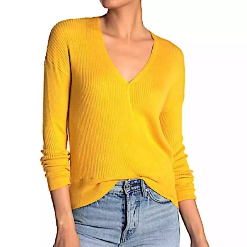 Street Style Faux Wrap Ribbed V Neck Knit Surplice Sweater In Yellow