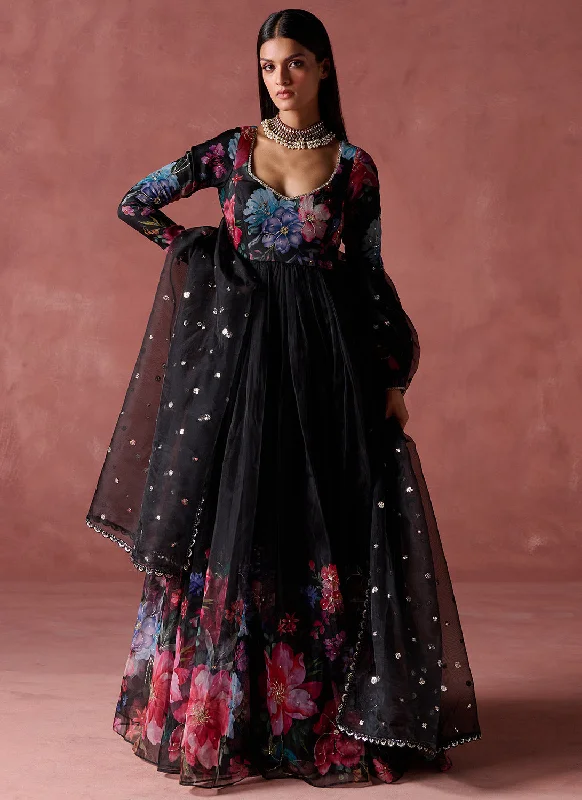 Sweet Style Exquisite Embroidery Black Multicolor Floral Printed Organza Anarkali