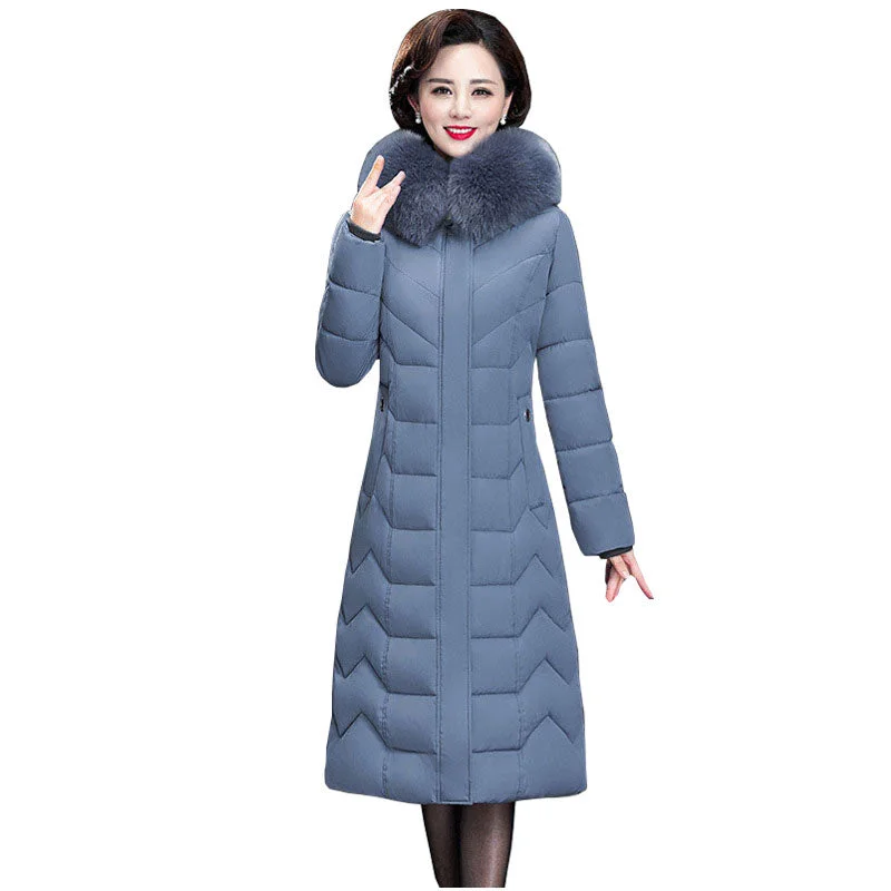 Elegant Style Long Slim Fur Coat Hooded Winter Down Coat Heavy Jacket Thick Warm Oversize Cotton Padded Wadded Parkas Outwear