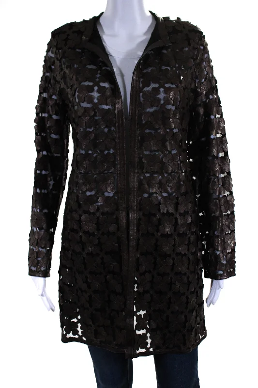 Unique Prints In Transit Womens Laser Cut Metallic Mesh Leather Jacket Dark Brown Black XL Unique Prints In Transit Womens Laser Cut Metallic Mesh Leather Jacket Dark Brown Black XL