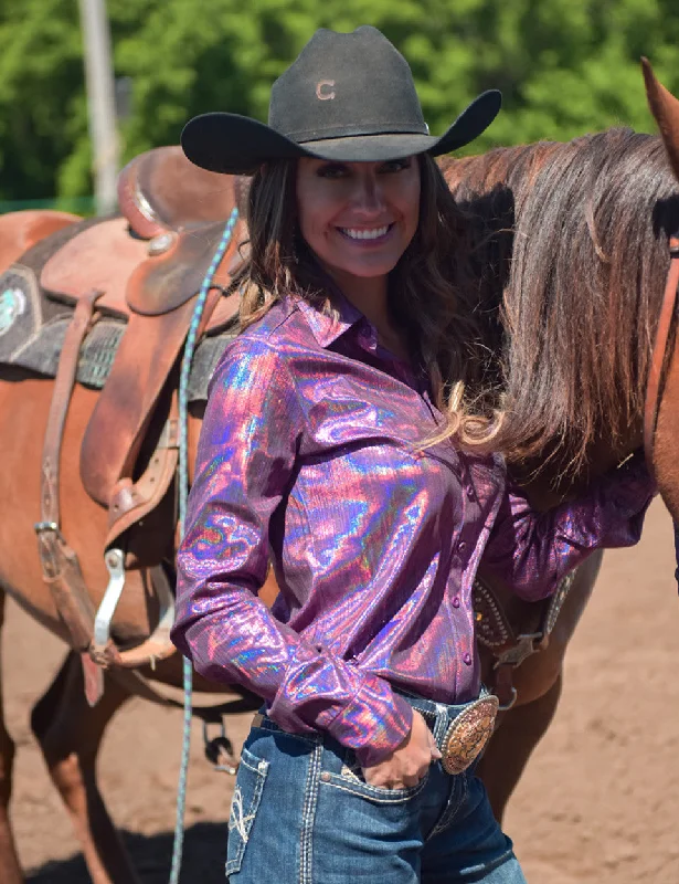 Street Fashion Style Cowgirl Tuff Fushia Metallic Pullover Shirt