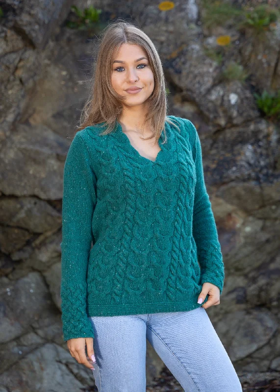 Fresh And Capable Embroidered Letters IrelandsEye Women's V Neck Aran Sweater | Green Garden