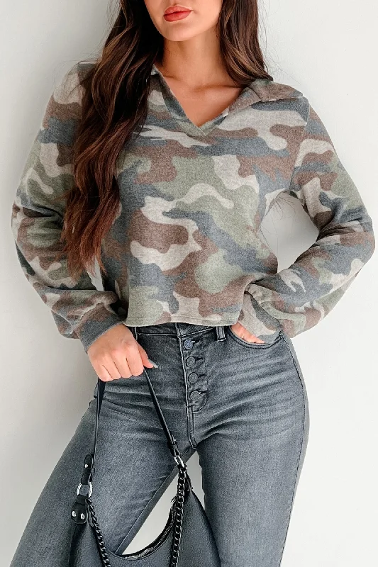 Floral Prints Simple Style Fashion Protocol Fleece Camo Print Top (Camouflage)
