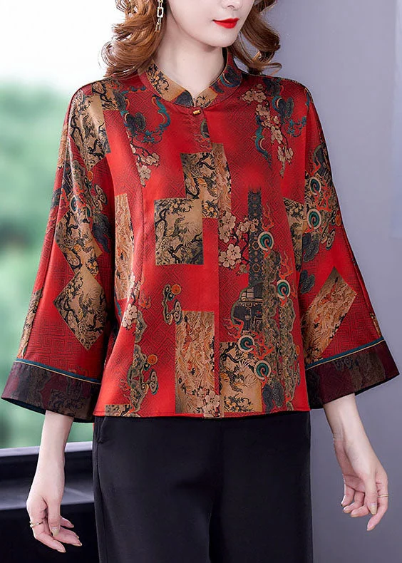 Comfortable Series Trendy And Casual Handmade Red Original Design Mandarin Collar Print Silk Blouses Long Sleeve Comfortable Series Trendy And Casual Handmade Red Original Design Mandarin Collar Print Silk Blouses Long Sleeve