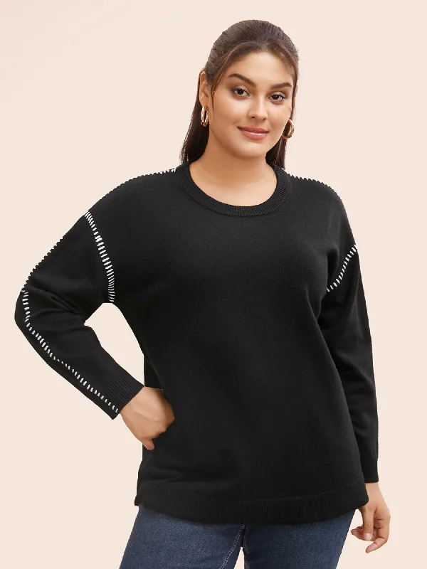 Warm Atmosphere Outdoor Trend Crew Neck Contrast Trim Drop Shoulder Pullover