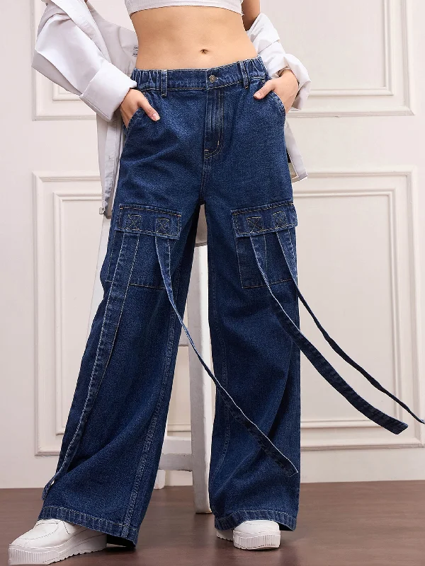 Personalized Series Relaxed And Casual Women Navy Blue Front Pocket Jeans