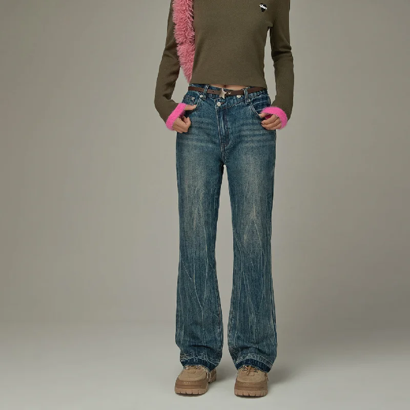 Classic Color Modern Tailoring Wavy Raw Hem Bootcut Denim Jeans