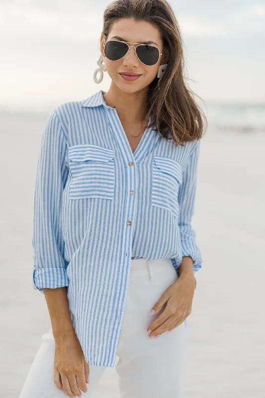 Free and comfortable Need You More Blue Striped Button Down Blouse